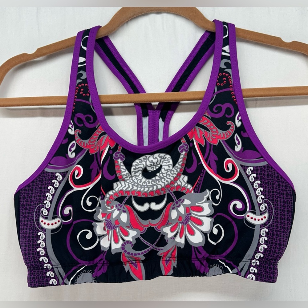 Athleta Sports Bra Black Purple Floral Paisley Medium Support Size Medium